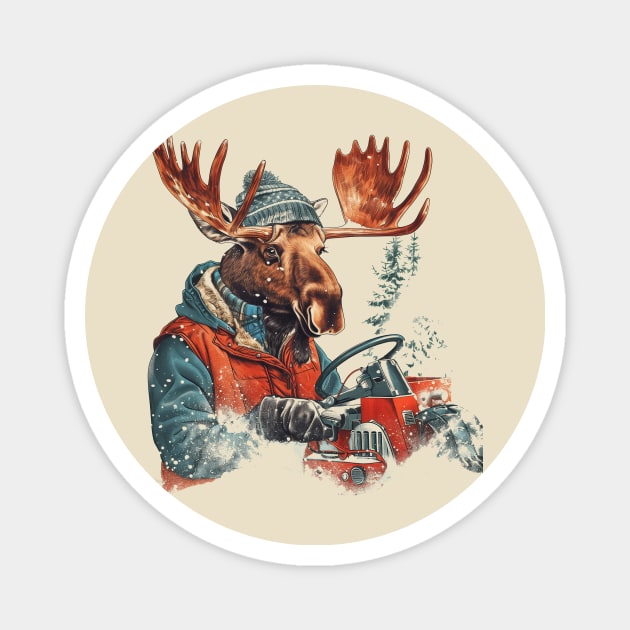 Winter Moose on Snow Plow Vintage Illustration Magnet by TeeTrendz